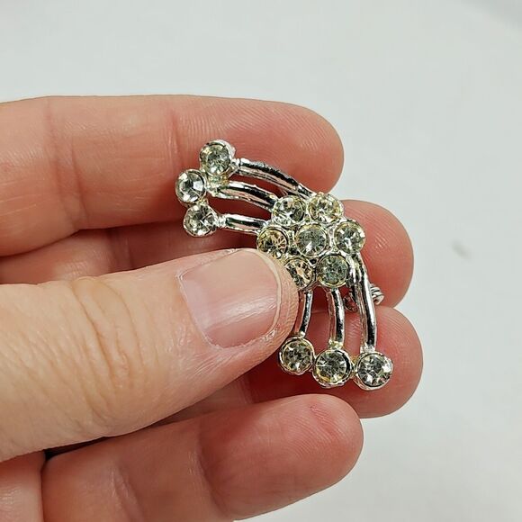 VTG Art Deco Silver Tone Metal Glass Rhinestone Cluster Brooch Lapel Pin Flower - Picture 12 of 16